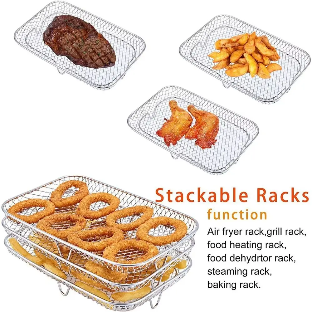 New Stackable Air Fryer Rack Non-Stick Stainless Steel Grilling Rack Airfryer Tray Grill Basket Durable Kitchen Gadgets