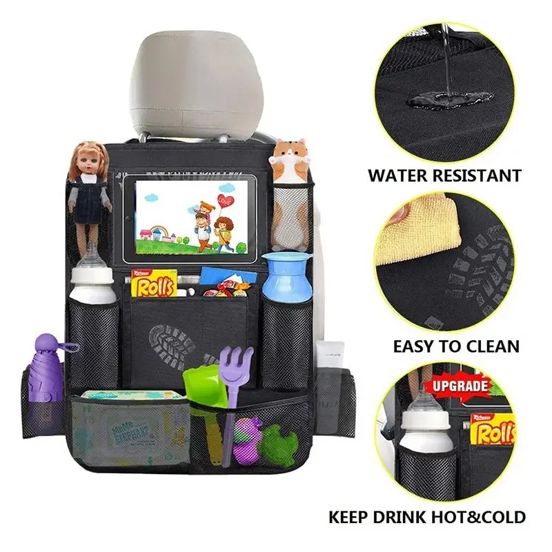 Backseat Organizer with Tablet Holder - Multi-Pocket Car Seat Cover for Storage & Protection, Kick-Proof Mat for Family Cars