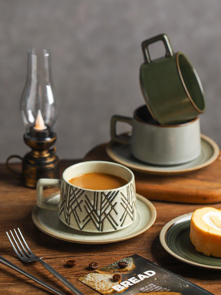 

Japanese retro coffee cups and saucers set creative rough pottery flower cups home high-end exquisite mugs