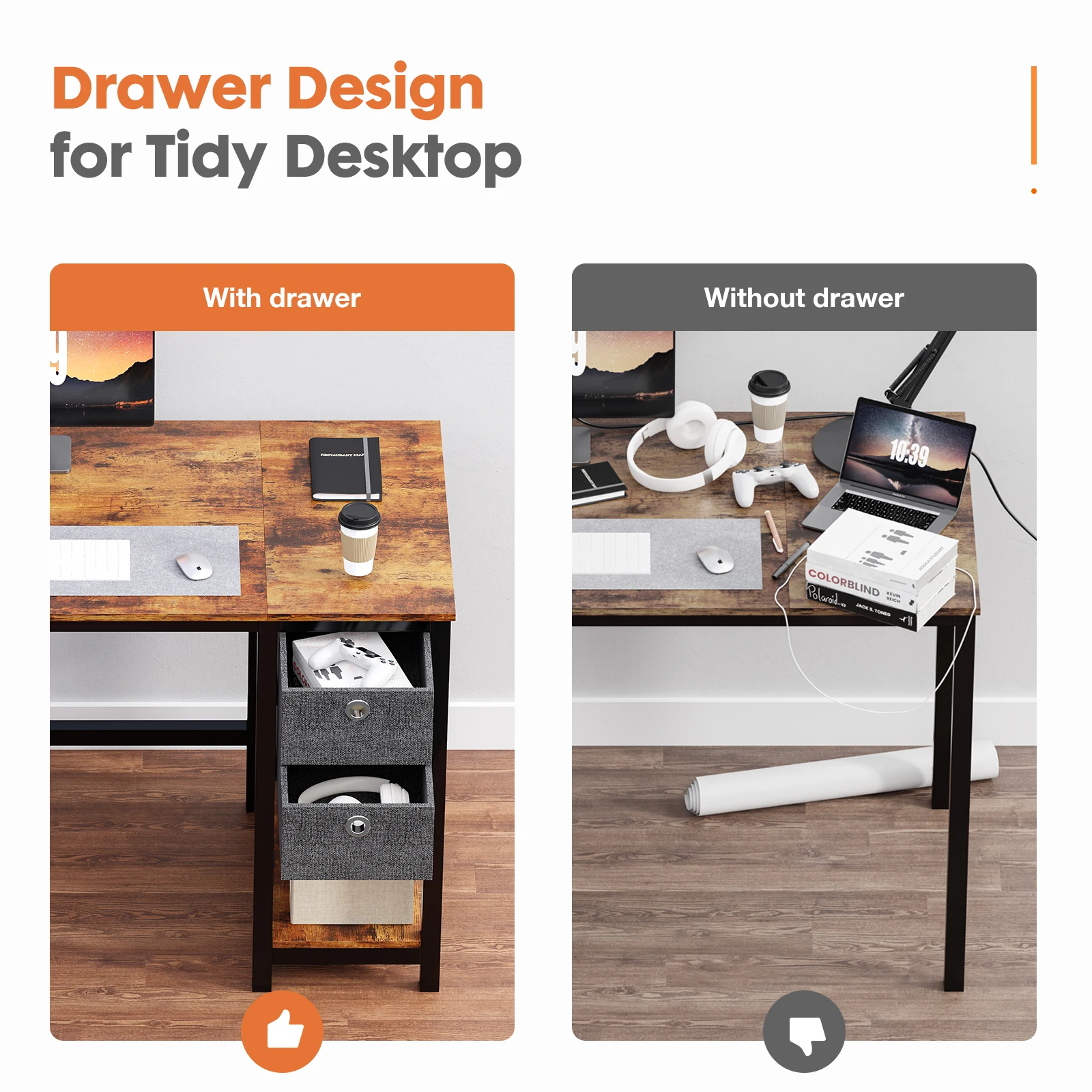 JHK Computer Desk Drawers 55 Inch Home Office Desk Writing Work PC Table Study 2-Tier Drawers