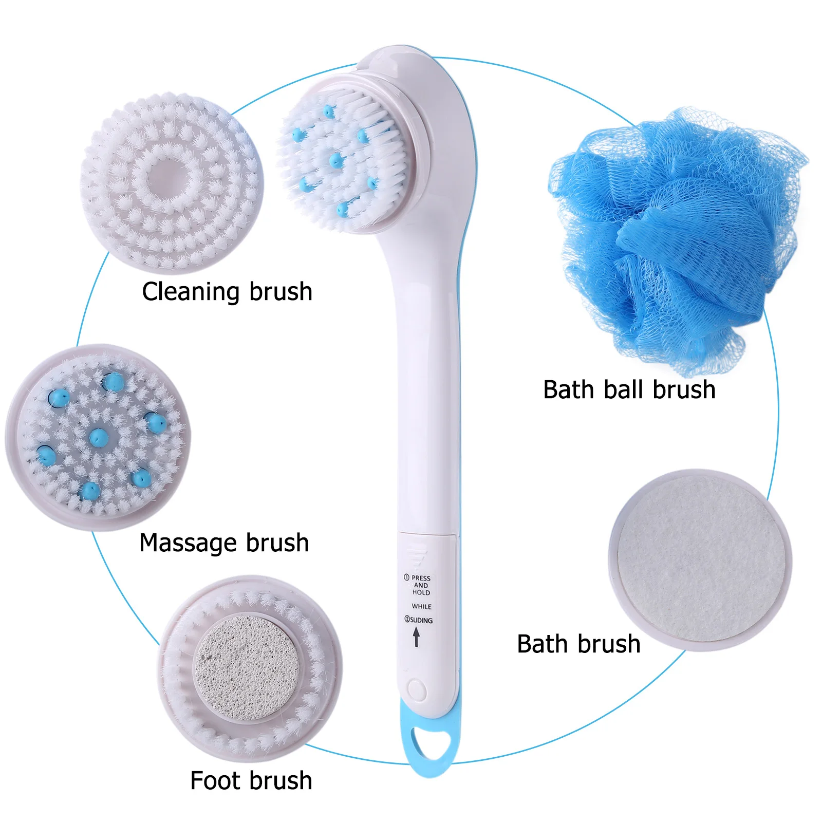 Shower Brush Waterproof Rotating Scrubber Shower Brush Long Handle With 5 Heads Skin Care Set for Household Accessories