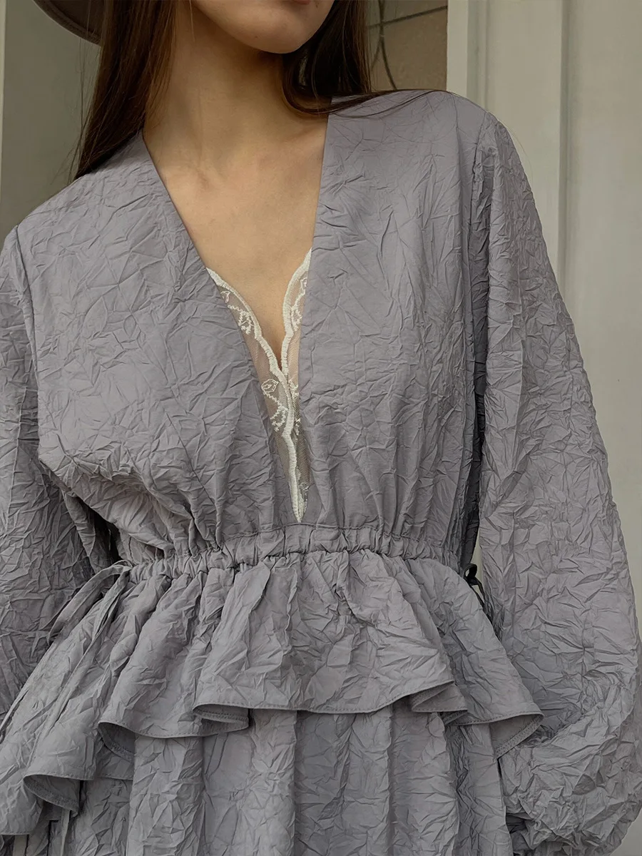 Bornladies Women's Spring Summer New Textured Pleated Dress Ruffle Lantern Sleeve Lace Trim Dress