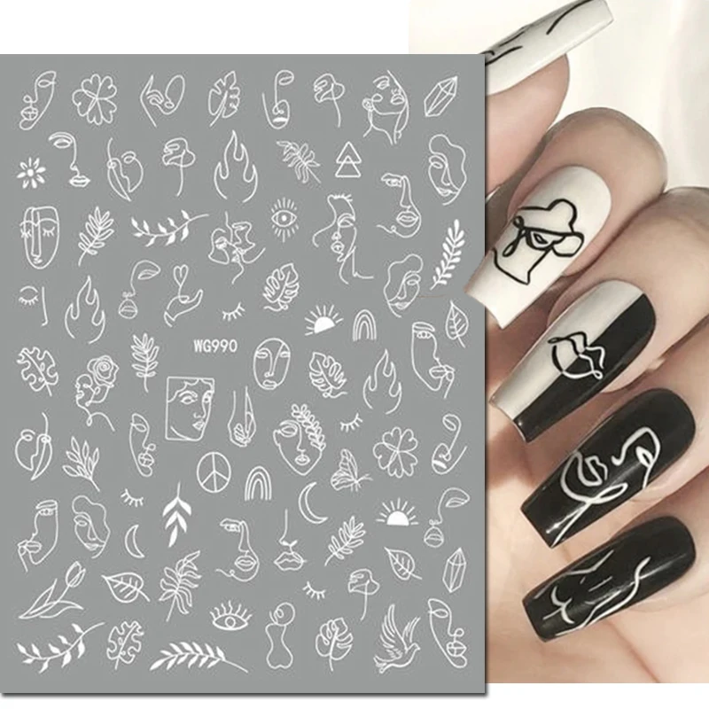 3d Nail Art Stickers Geometric Lines Faces Love Hearts Letters Leaves Stars Adhesive Sliders Nail Decals Decoration For Manicure 3