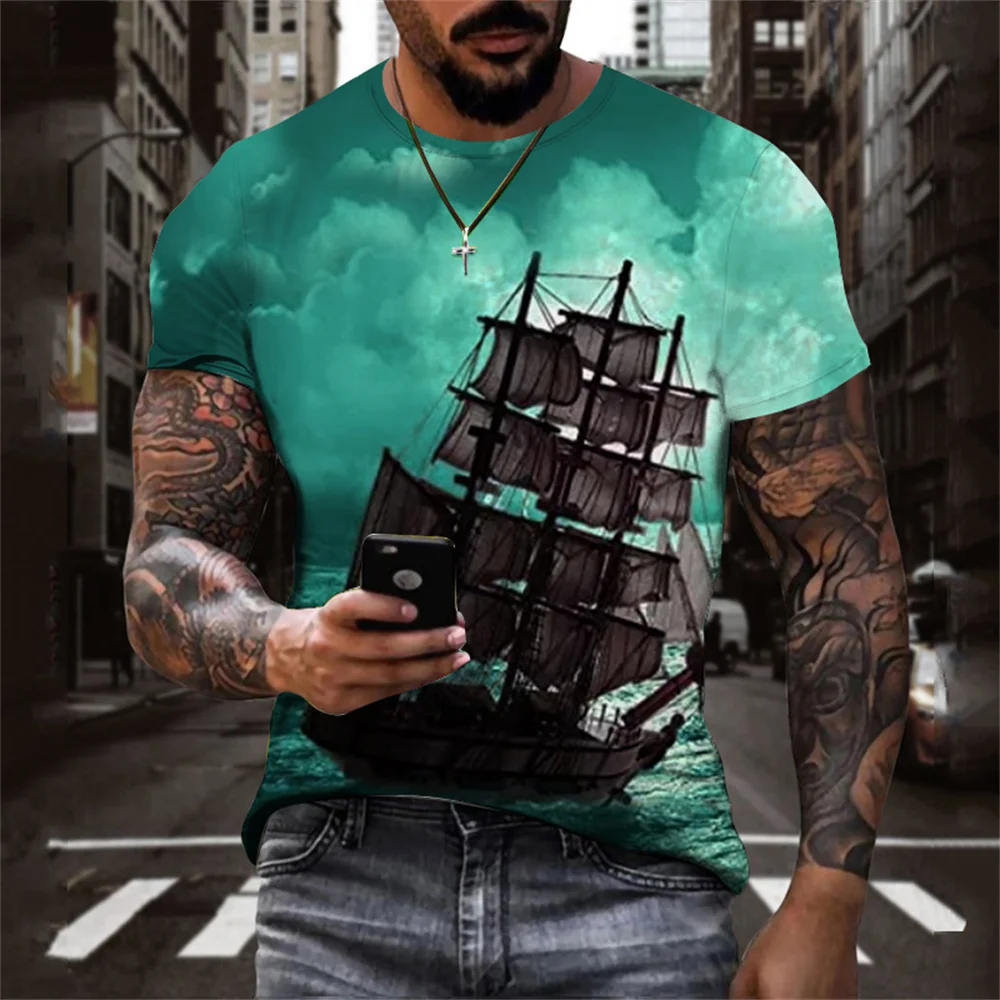 

Футболка с коротким рукавом и винтажным принтом, Повседневная рубашка в стиле Харадзюку, топ с 3D-принтом пиратского корабля, одежда для мужчин и женщин