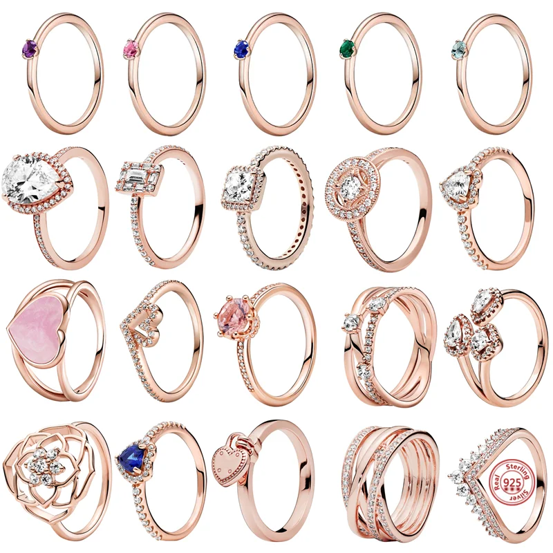 

New Hot Sale 100% 925 Sterling Silver Rings Popular Flower Heart Sparkling Zircon Lucky Rose Gold Rings For Women Jewelry Making