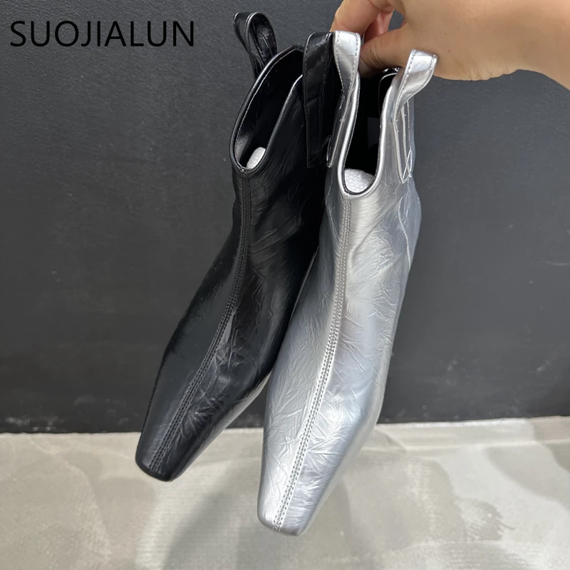 

SUOJIALUN 2023 Winter New Women Ankle Boots Fashion High Wedges Back Zipper Ladies Elegant Short Boots Sliver Dress Chelsea Shoe