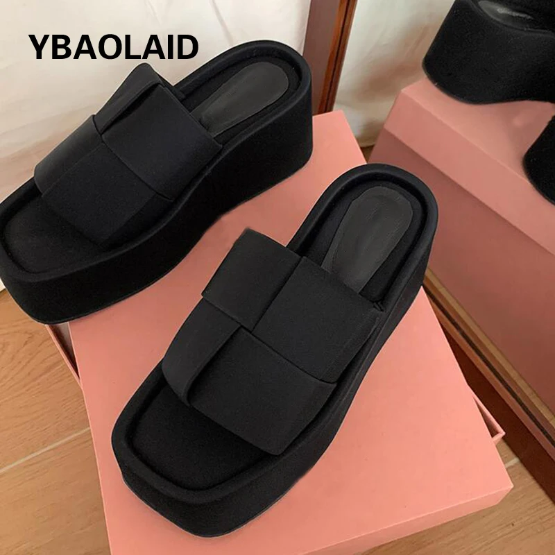 

Wedge Heel Weave Women Slippers Summer High Heel Shoes Height Increasing Platform Flat Open Toe Outside Wear Casual Slides Shoes