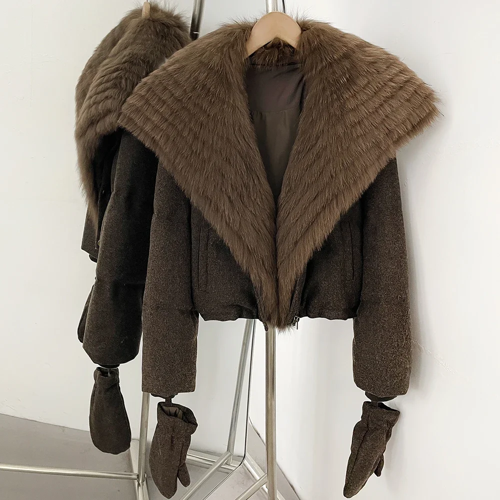 OFTBUY Duck Down Coat with Matching Gloves New Winter Warm Outerwear with Real Fox Fur Women Luxury Wool Blend Puffer Jacket