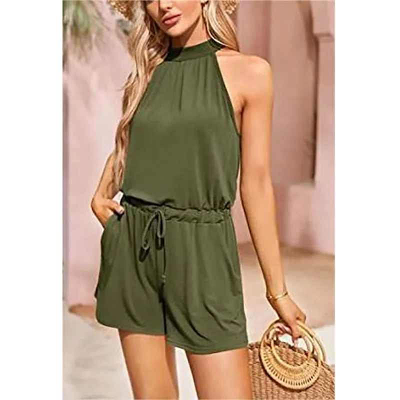 

2023 Summer Women's Hanging Neck Loose Shorts Printed Jumpsuit Temperament Elegant Waist Lacing Sleeveless