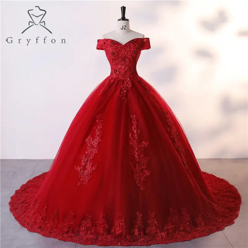 Quinceanera Party Dress New Dark Red Classic Off Shoulder Ball Gown Luxury Lace Sweet Flower Prom Real Photo party dress quinceanera dresses