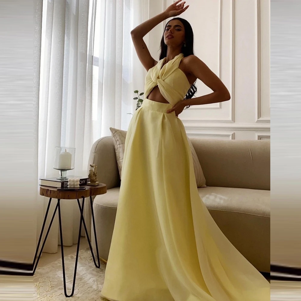 

OEING Vintage Floor Length Evening Gowns Cut-out Yellow Organza Prom Dresses 2023 Open Back Sleeveless Saudi Arabia Party Dress