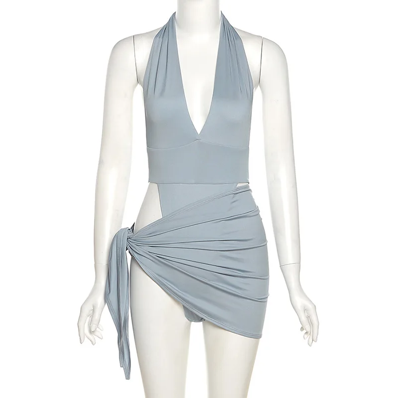 Sexy Slim Fit Solid Deep V-Neck Two Piece Sets Women Backless Bodysuit Mini Dress Body Sets Party Club