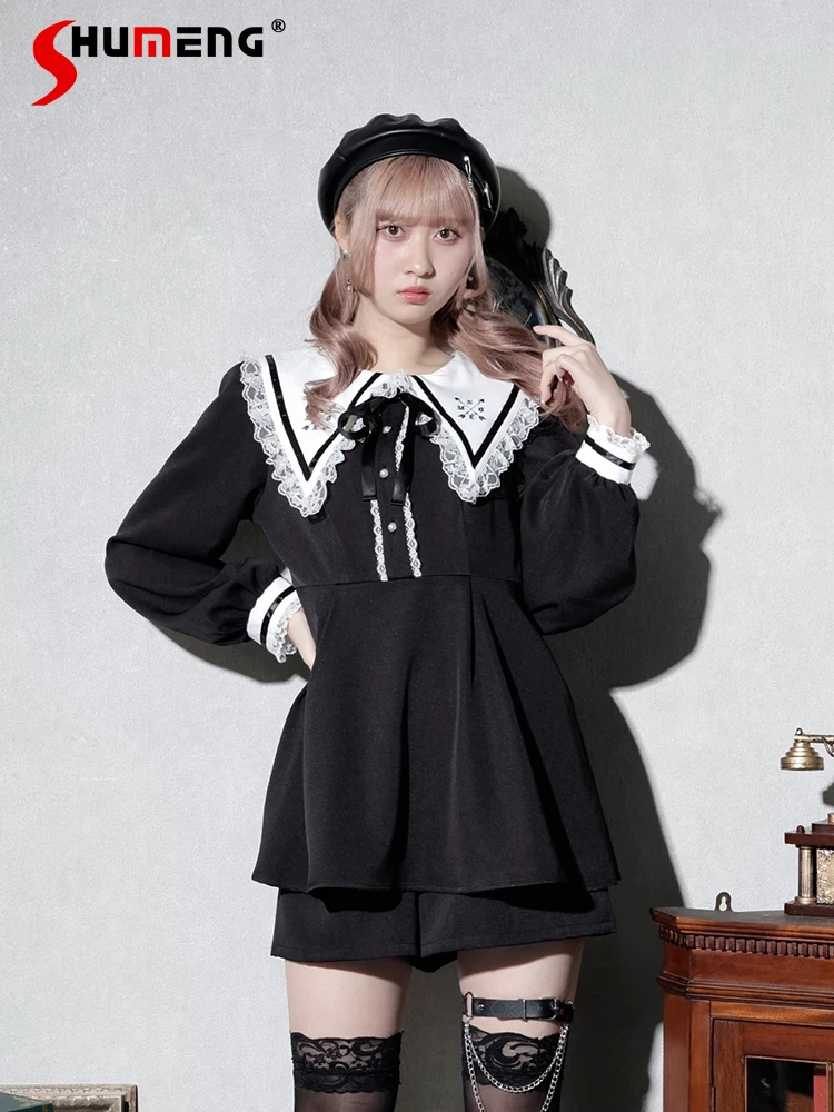 Japanese Style Woman Sweet Outfits Black Stripes Mine Sailor Collar Embroidered Lace Long Sleeve Dress Shorts Suit 2 Piece Sets ccmm sweet women peter pan collar lace spliced contrast color print puff sleeve dress summer new pink stripes loose robe