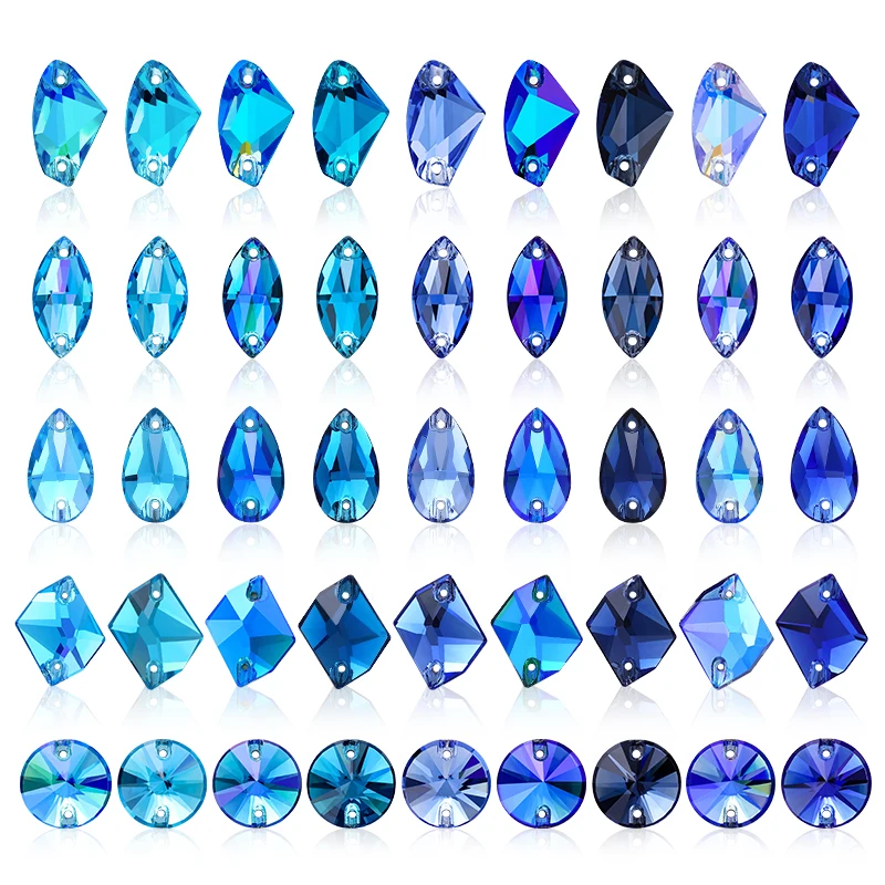 Blaue Serie, mehrförmige Glassteine zum Aufnähen, hochwertige Glitzer-Kristallsteine für Kleidung, Taschen, DIY-Strass-Accessoires