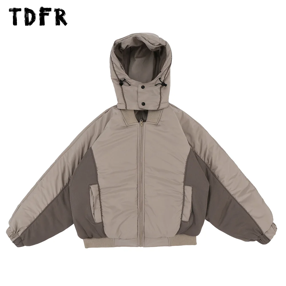 

Patchwork Padded Jacket Mens Removable Hat Winter Warm Thick Loose Casual Hooded Long Sleeve Outerwear Men