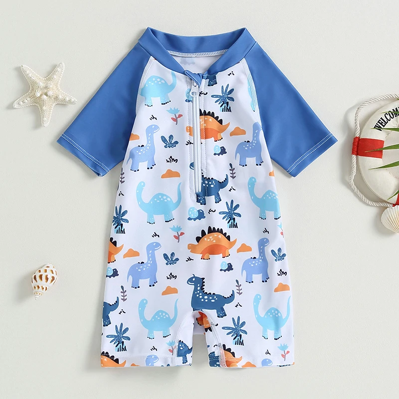 

0-4 Years Toddler Boys Girls Swimwear Cartoon Cute Dinosaur Print Short Sleeve Sun Protection Swimsuit Zipper Beachwear Swimwear