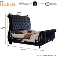 Queen Size Bed Frame, Velvet Upholstered Platform Sleigh Bed with Scroll Headboard & Footboard, Button Tufted 2