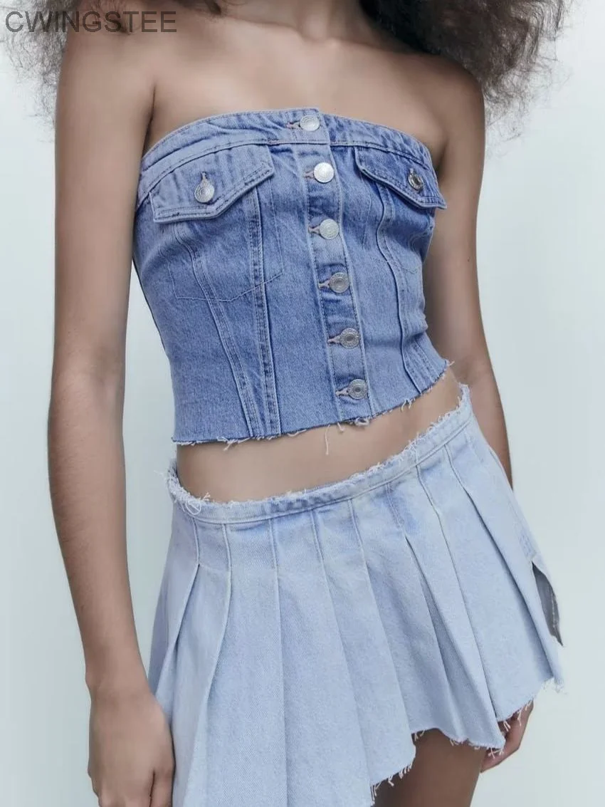 

Blue Backless Denim Corset Crop Women Top Off Shoulder Sleeveless Bustier Tops 2023 Summer Lady Sexy Elegant Street Wear Tank