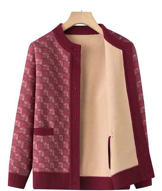 Cardigan Jacquard Épaississant Pour Personnes Âgées D'Âge Moyen,Cardigan À Manches Longues À