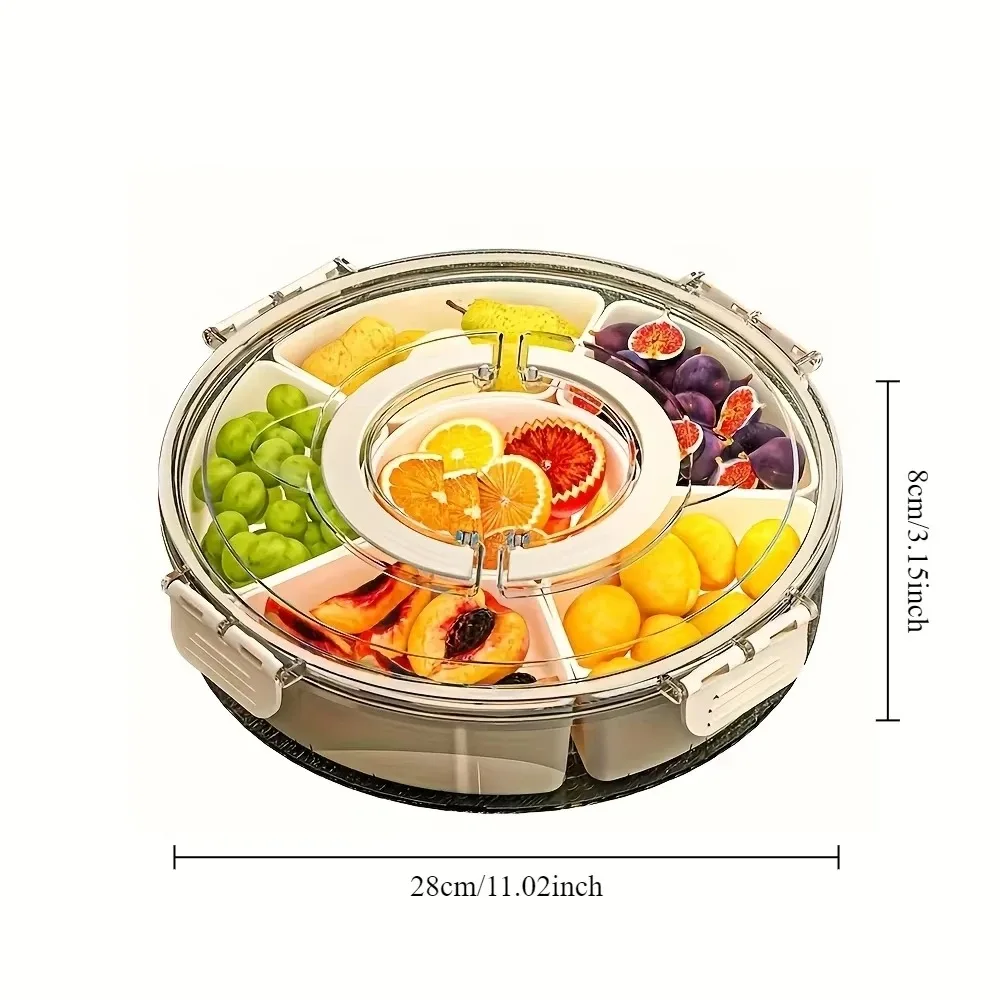 Home Living Room Fruit Tray Snack Display Divided Food Storage Box Rotatable Handheld Tray with Lid