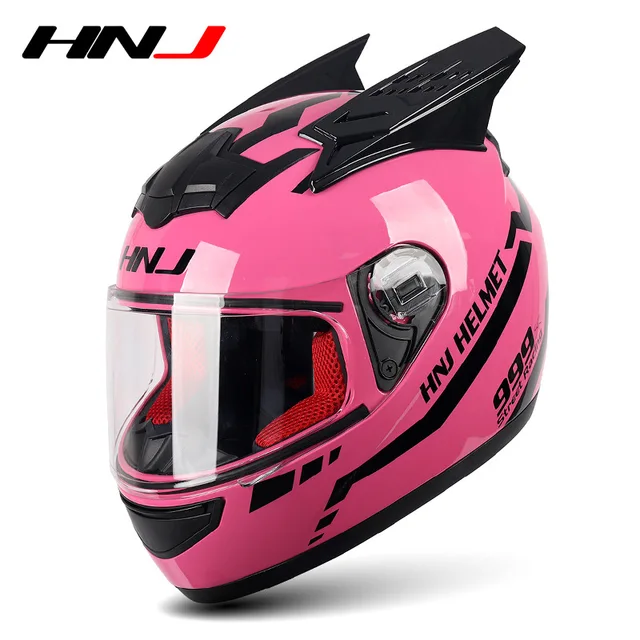 Full Helmet Motorcycle Kask Casco Moto Female Cycling Cap Horn Pink Man Motorcross Motorbike Helmet Casco De Moto HNJ939 939AntifogLenHornHel