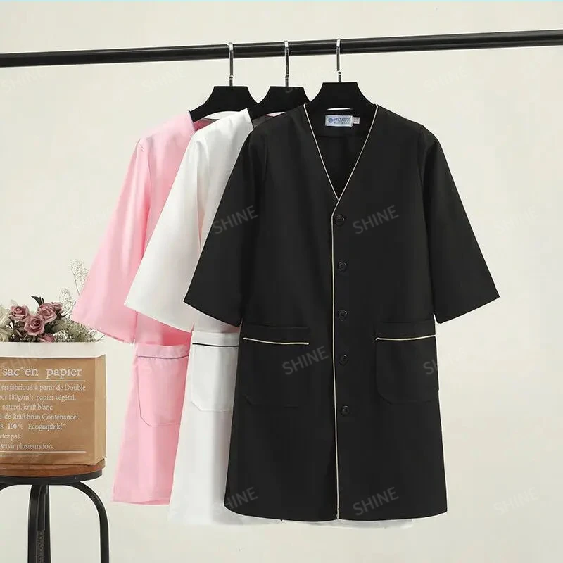 Black Short Beautician Tops Beauty Uniform Dress Spa Uniform Scrub White Plus Size Salon Grooming Clothes Lab Coat Logo women blouse shirt