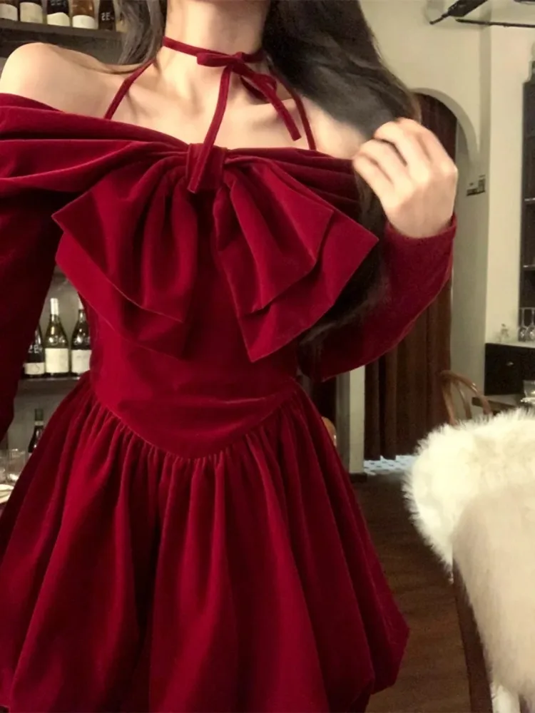 

Jielur Elegant Short Party Dresses Women Casual Long Sleeve Sweet Bow French Slim Red Mini Dress Spring One Piece Dress Korean
