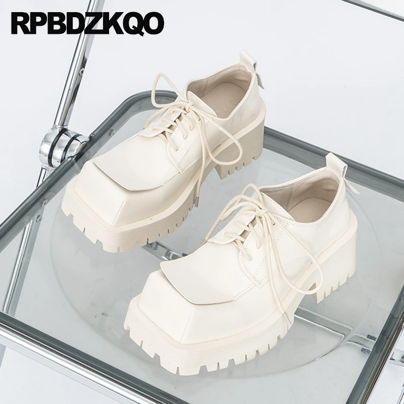 

Thick High Heels Pumps Shoes Lightweight Oxfords Lace Up Unique Women Platform Derby Runway European Square Toe Chunky Strange