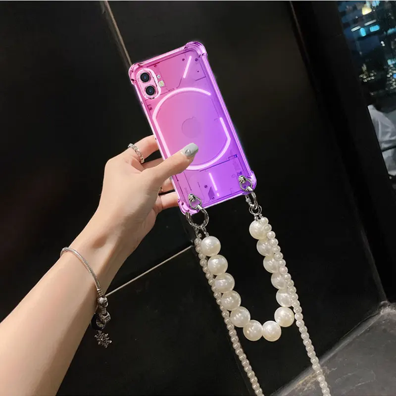 Pearl Chain Crossbody Lanyard Case with Rainbow Gradient Soft TPU Shockproof Cover