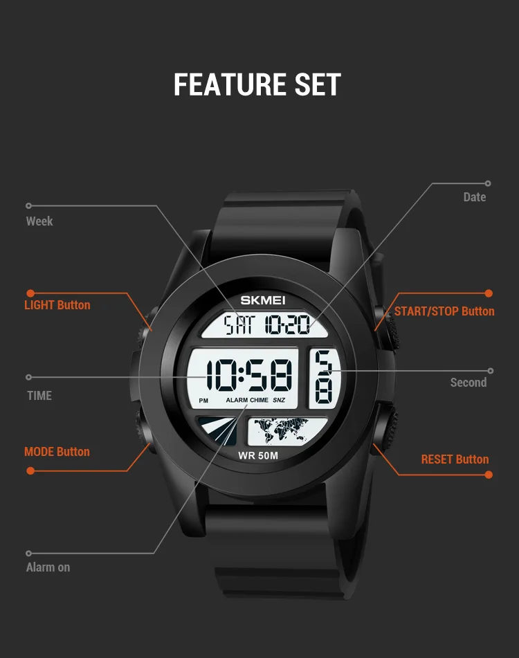 SKMEI Digital Watch Led Light Electronic Watch For Men Sport Male Watch Countdown Stopwatch 5Bar Waterproof Clock Reloj hombre