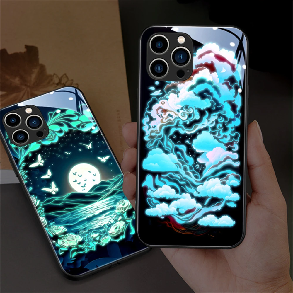 Butterfly Moon Sea Voice Sensing LED Light Up Glowing Luminous Phone Case For iPhone 15 14 13 12 11 Pro Max X XR XS SE2020 6 7 8