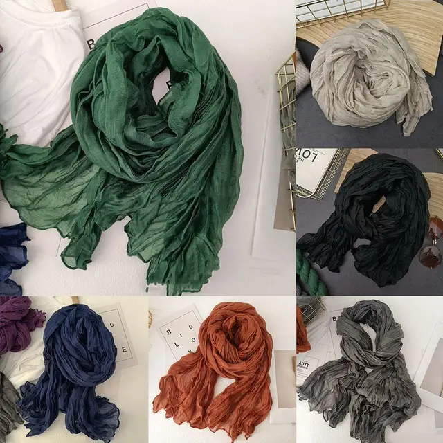 Solid Color Cotton Hemp Scarf Warm Neck Wrap Chic Shawl Pleated Long Scarves Vintage Wrinkled Decor Twisted Soft Muffler