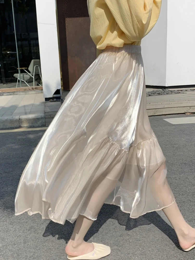 

FTLZZ Summer Elegant Women Lace Mesh Chiffon Skirt Fashion Lady Asymmetric Ruffled Midi Skirt Female A-line Bright Skirt