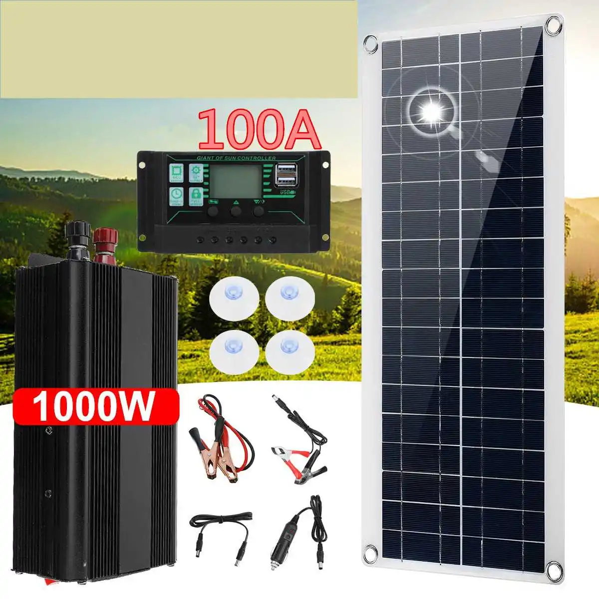 Caricabatteria Per Pannello Solare 30W + Inverter 1000W + Controller 100A Ip67 Impermeabile Per Auto Van Boat Camper Campeggio Viaggi