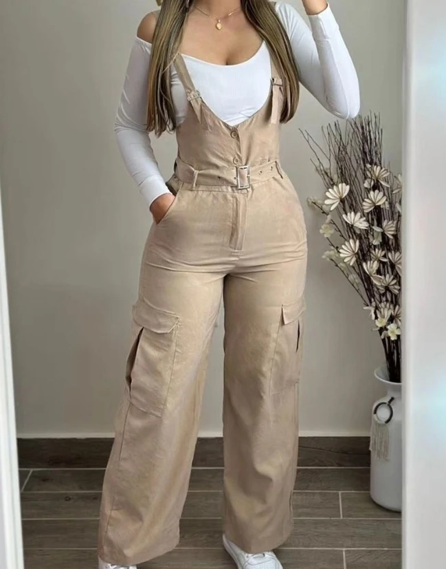 Pocket Design with Bu and Suspender Jumpsuit for Women In Stock summer women casual pocket design sleeveless cargo suspender jumpsuit loungwear streetwear oversized plus size clothes with belt