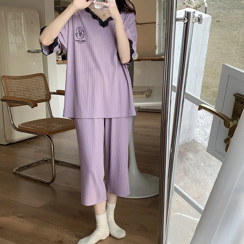 Women's Pajamas Set Short-sleeved Capri Pants Home Pijima Loose Two-piece Suit For Homewear Sleepwear V Neck Female Pyjamas
