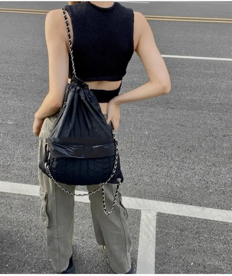 Korean Fashion Chain Contrasting Color High Capacity Women Backpack Shoulder Bag Outdoor Drawstring Backpack