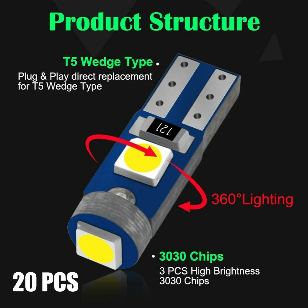 

20x T5 3030 3-SMD LED Bulb Instrument Panel Dash Dashboard Gauge Light Bulb W3W 74 Car Interior Lights Warming Indicator