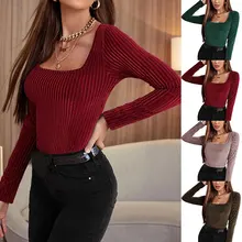 

Square Neck Solid Color Long Sleeve Slim Fit Commuter T-Shirt Patchwork Design Long Sleeve Spring Autumn Slim Pullovers Top