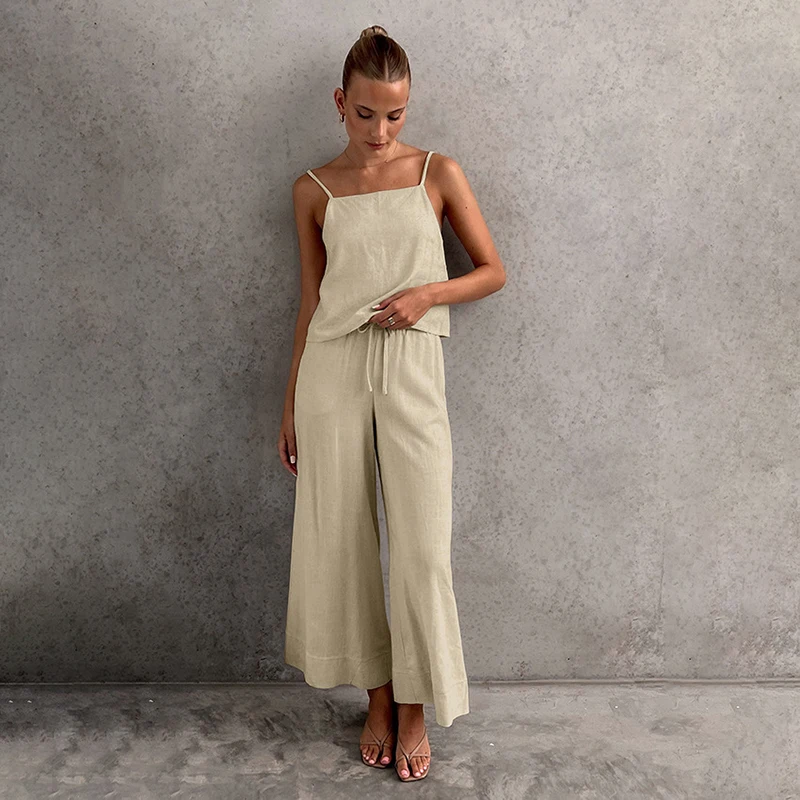 Summer Cool Cotton Linen Solid Suspender Tops Pants Pajamas Two-Piece Sets Fashion Loose Casual Comfortable Women Home Sleepwear