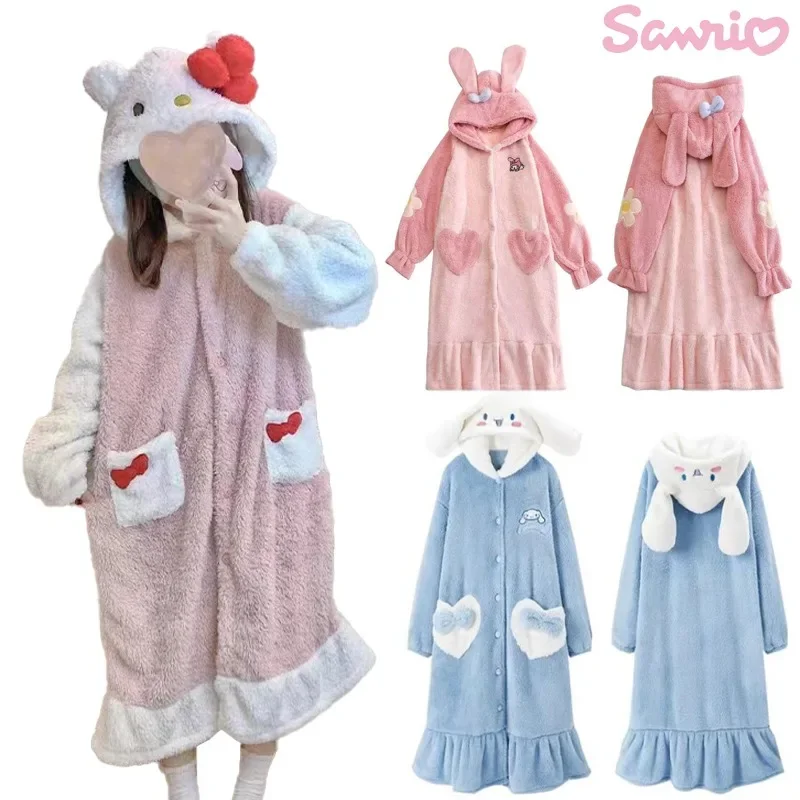 

Sanrio Hello Kitty Cinnamoroll Pyjamas Autumn and Winter Cute My Melody Thickened Coral Velvet Nightgown Girls Flannel Nightgown