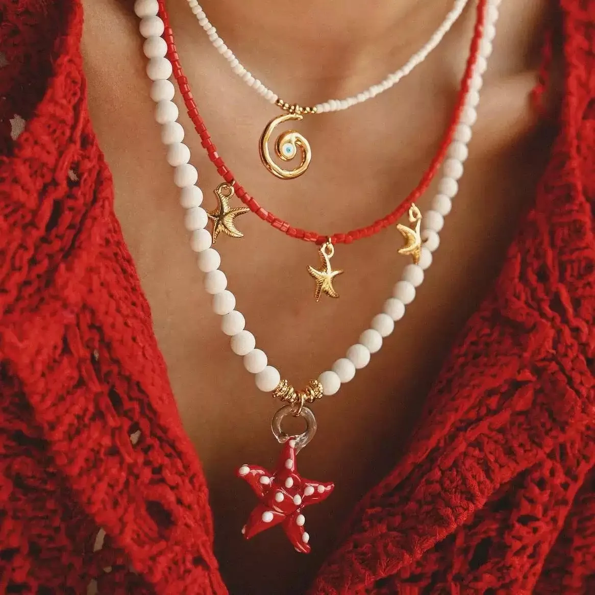 3pcs Bohemian Bead Stacked Necklace Glass Starfish Charm Pendant
