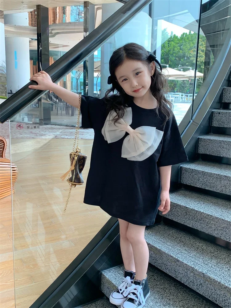 

2023 SUMMER Kids Dress Bow Tie A-LINE SHORT SLEEVE Simple Casual Fashion Sweet Cute Korea Style for Girls