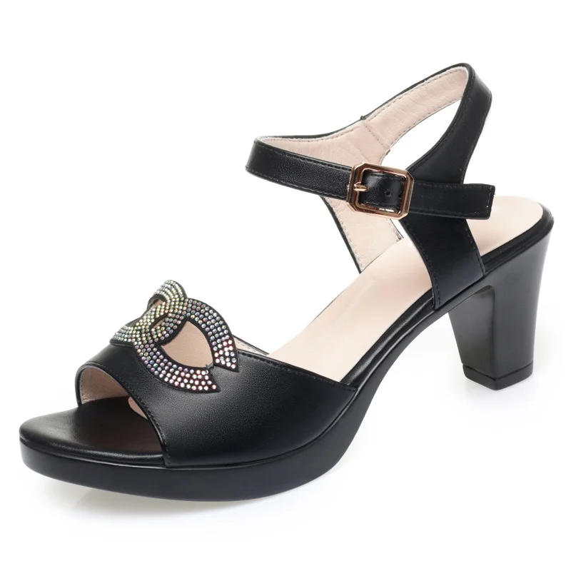Soft Leather Breathable Women's Platform Sandals Summer 2024 Block High Heels Fish Mouth Open Toe Office Mom Beach Sandals
