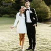 Elegant Short Wedding Dress Long Sleeve O-Neck Buttons Zipper Back Simple Bridal Gown Above Knee Vestidos De Noiva Customized 1