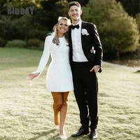 Elegant Short Wedding Dress Long Sleeve O-Neck Buttons Zipper Back Simple Bridal Gown Above Knee Vestidos De Noiva Customized 1