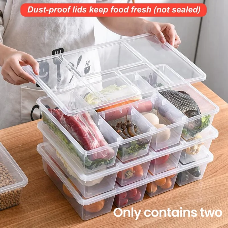2 Pack Divided Vegetable Trays With Lids, Compartment Refrigerator Snack Boxes, Transparent Refrigerator Storage Boxes 4