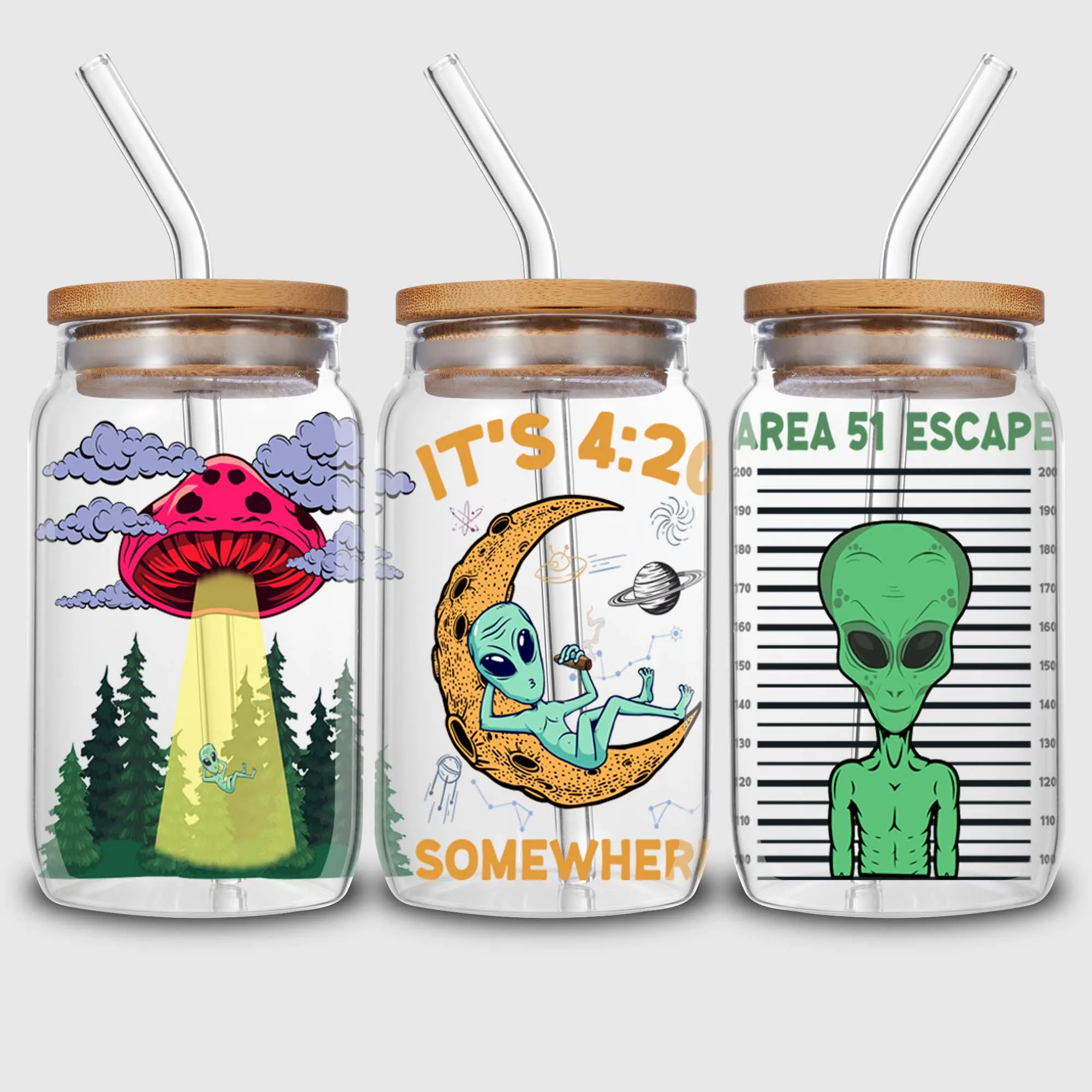 5 sheets Alien UV DTF cup holder 16 oz, fun Alien DTF cup holder transfer glass, waterproof stickers, friction transfer stickers