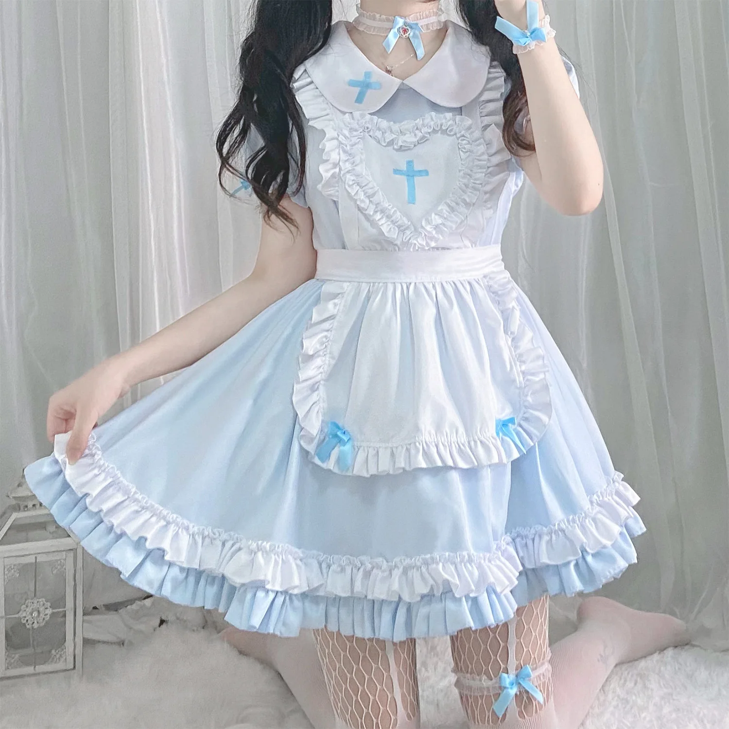 

Japanese Soft Girl Lolita Sky Blue Cross Servant Dress Cosplay Maid Dress Women's Dress Big Boss Dress