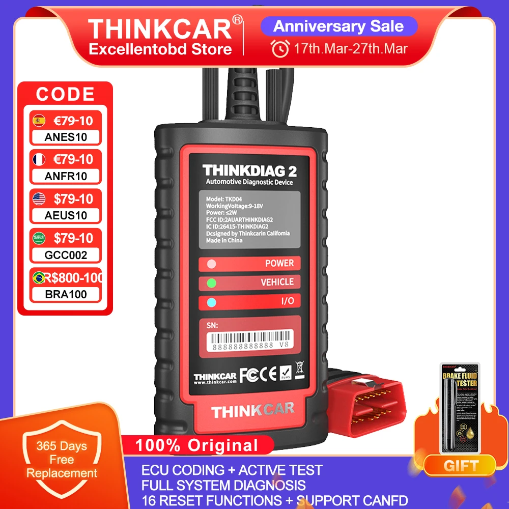 

Thinkcar Thinkdiag 2 Full System Diagnostic Tool Support CANFD 16 Resets ECU Coding Active Test OBD2 Scanner 1 Year Free Update